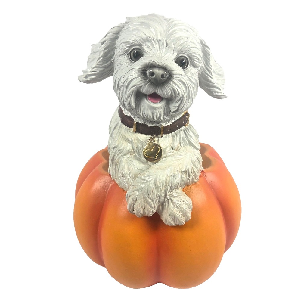 Halloween Dog Pumpkin Figurine 9 Inch White Orange Fall Harvest Decor